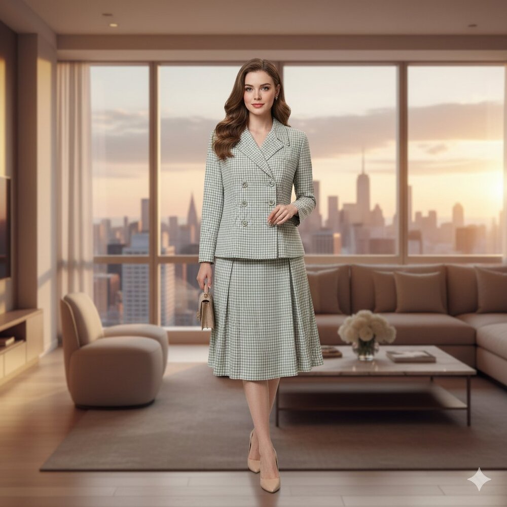 Le Suit Petite 2 Pc Suit Jacket(8P), Skirt(10P) Lined Green/White Checker Career